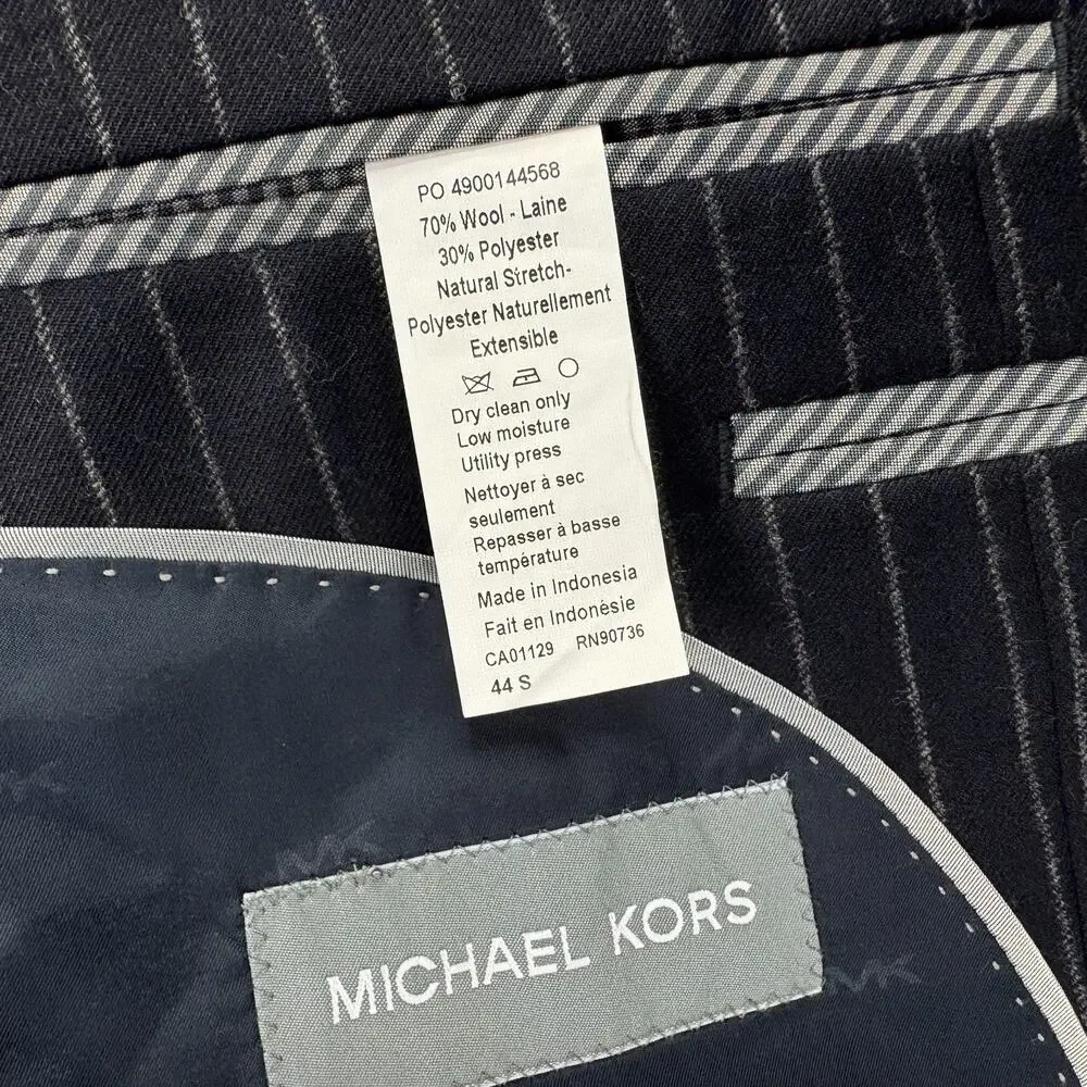 Michael Kors Mens Pinstripe Classic Fit Stretch Wool Suit Jacket Navy Blue 44S
